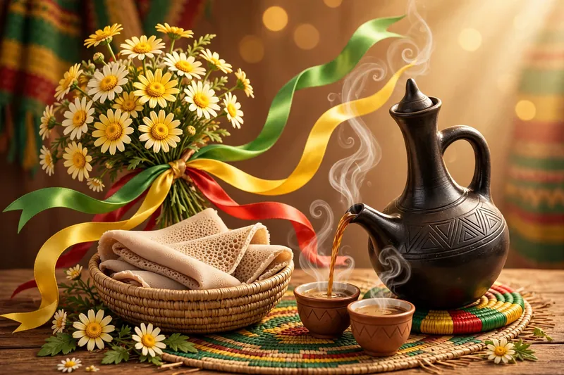 Glossy 3D illustration of Ethiopian meskel daisies, a woven mesob basket with injera, and a traditional jebena coffee pot with green-yellow-red ribbons