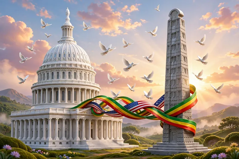 Glossy 3D render of the U.S. Capitol dome beside an Ethiopian Axum obelisk connected by green-yellow-red and stars-and-stripes ribbons at sunrise