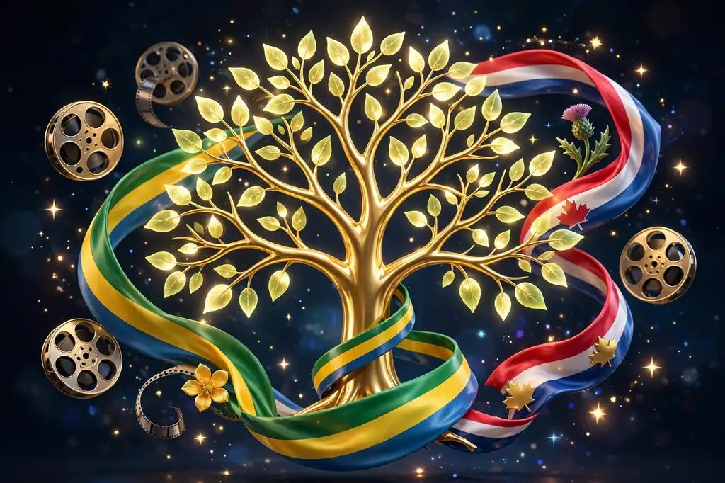 3D illustration of a golden family tree wrapped in Brazilian, Canadian and British flag-colored ribbons with floating film reels and stars