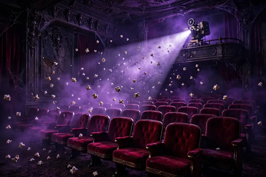 Glossy 3D render of a vintage horror cinema interior with projector beam, red velvet seats and floating popcorn under purple light
