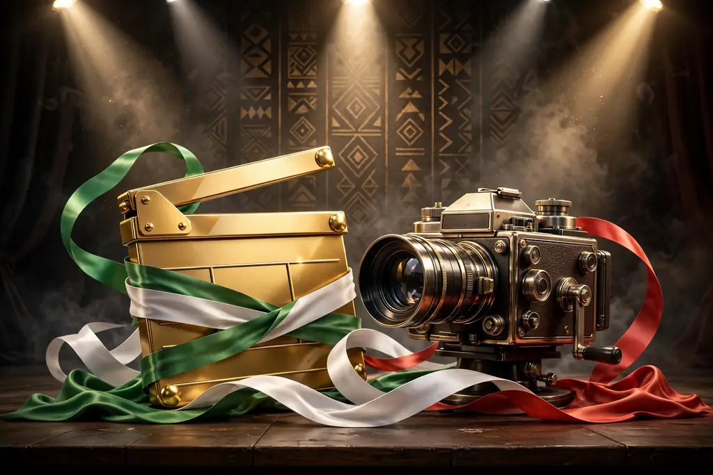 Eye-catching 3D render of a golden film clapperboard and vintage cinema camera wrapped in green, white, and red ribbons with African pattern accents, celebrating Michael Mando's acting career