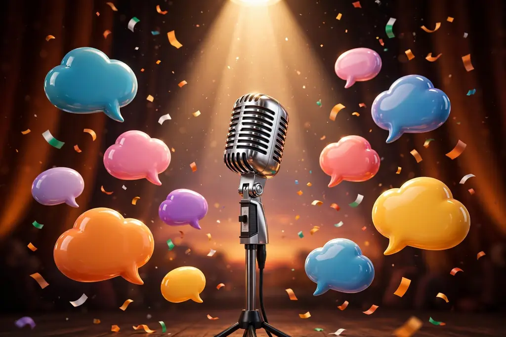Vibrant 3D illustration of a chrome stage microphone under a spotlight surrounded by abstract speech bubbles and confetti, symbolizing Michael Mando's fluency in French, Spanish, and English