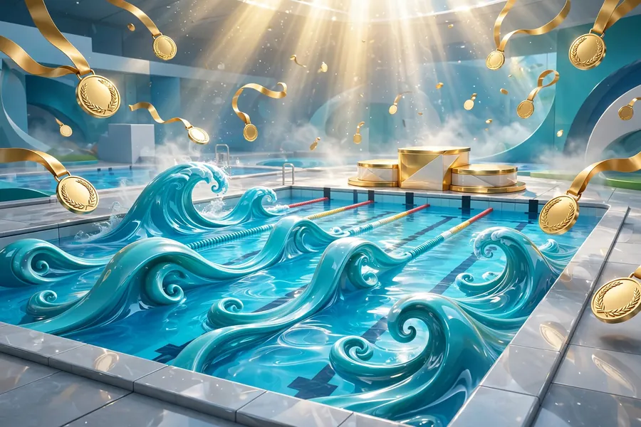 3D render of an Olympic swimming pool with floating gold medals representing Michael Phelps