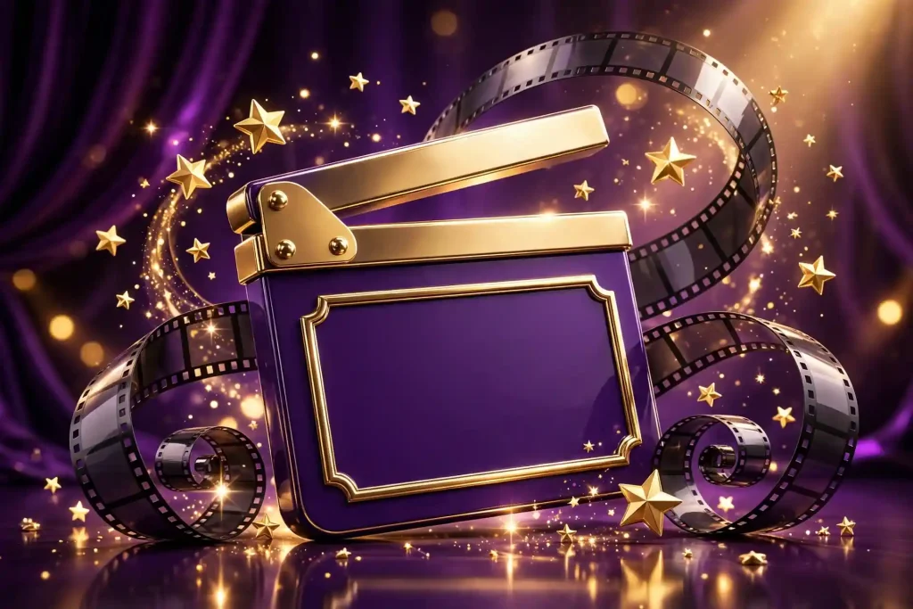 3D film clapperboard with curling film strip and golden stars in purple and gold