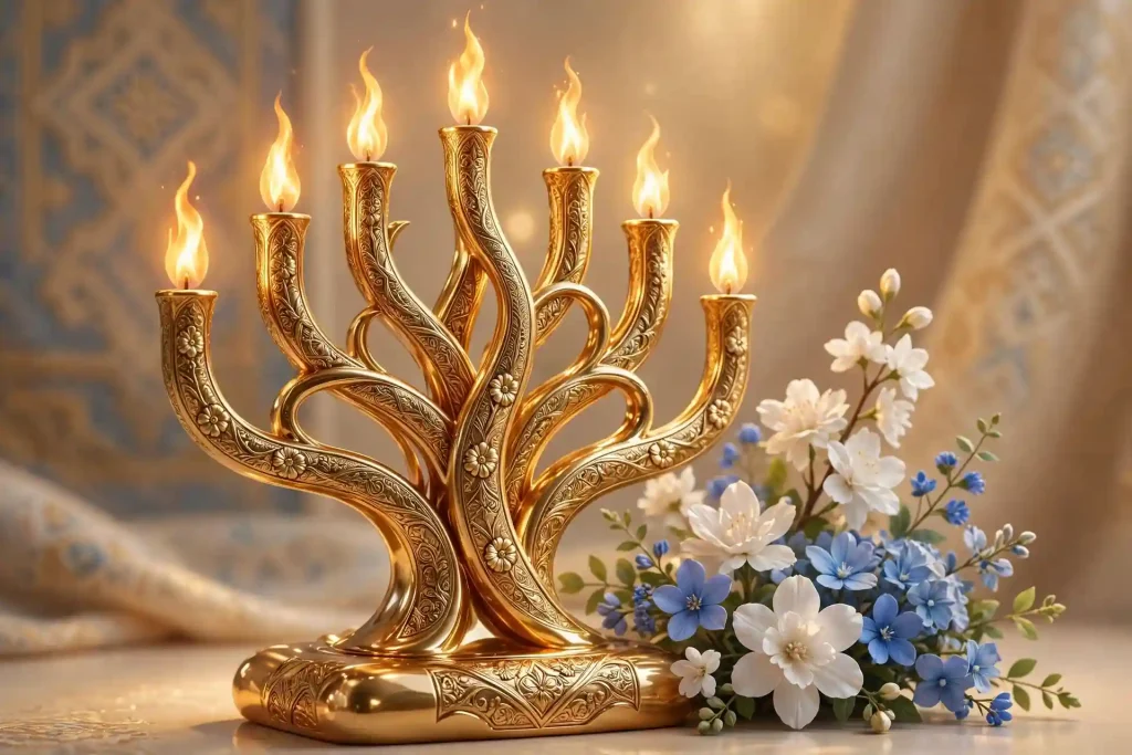 3D sculptural candelabrum with glowing flames and flowers celebrating Jewish cultural heritage