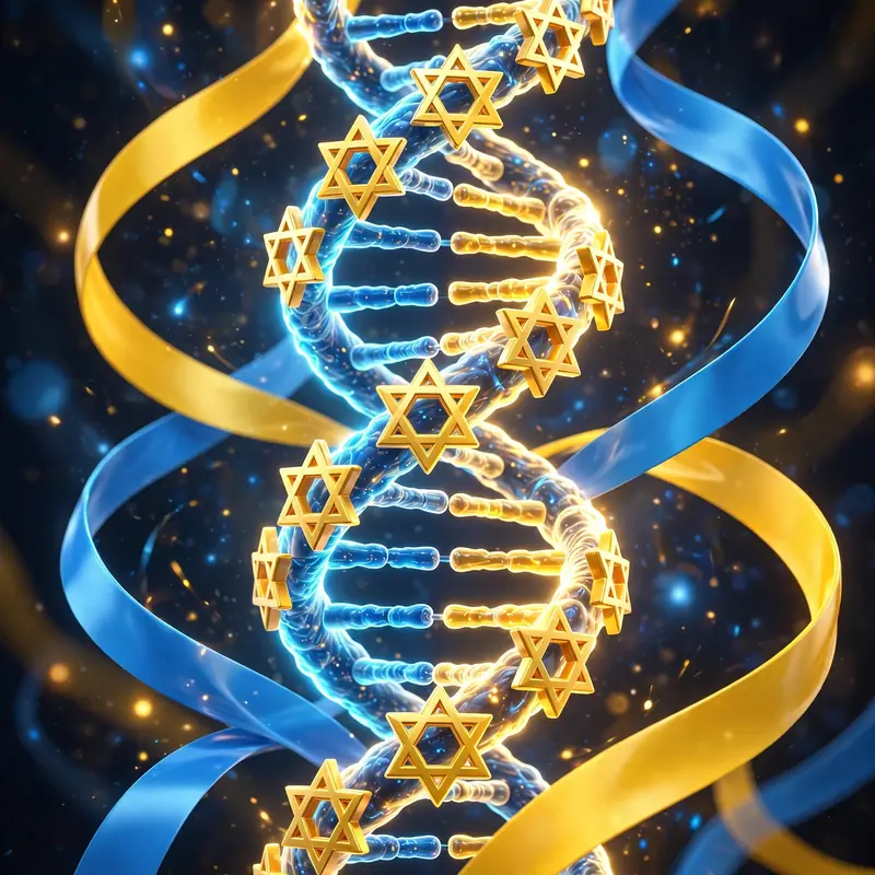 Vibrant 3D illustration of a DNA helix wrapped in Star of David motifs with Ukrainian flag-colored ribbons, symbolizing Mila Kunis's Ashkenazi Jewish ancestry