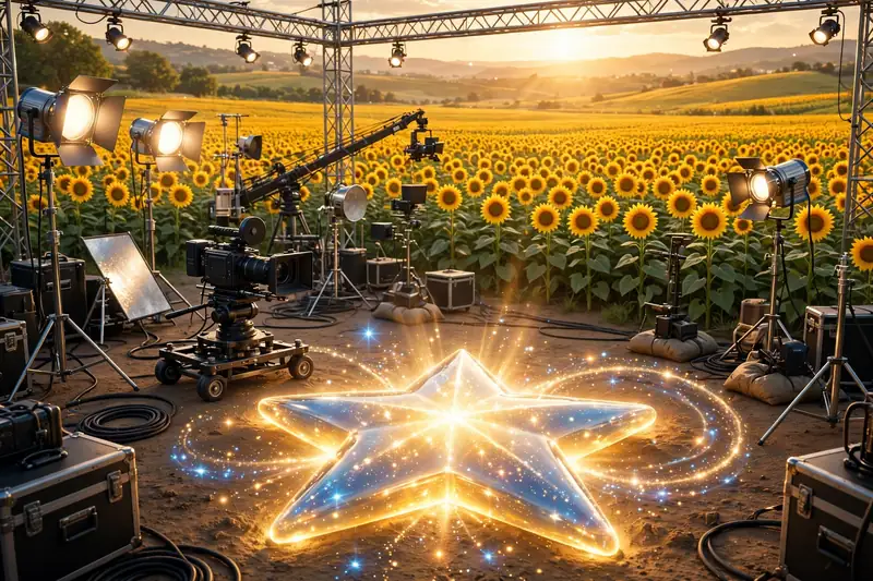 Eye-catching 3D render of a Hollywood film set with a glowing star and Ukrainian sunflower field, representing Mila Kunis's career and birthplace