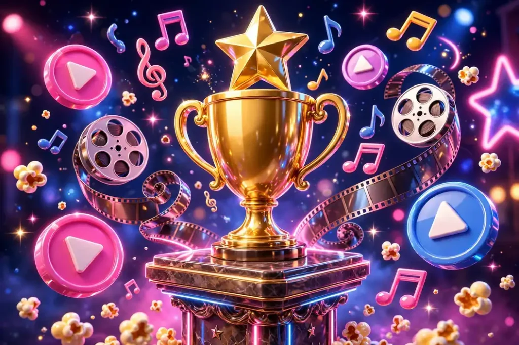 Vibrant 3D Hollywood-style illustration featuring a golden trophy and star on a pedestal with floating play buttons, music notes, popcorn, and film reels in bright pink and blue neon glow.