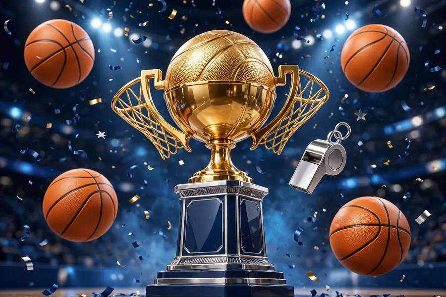 Glossy 3D render of a golden basketball trophy on a pedestal with floating basketballs and a coach's whistle under arena lights and confetti