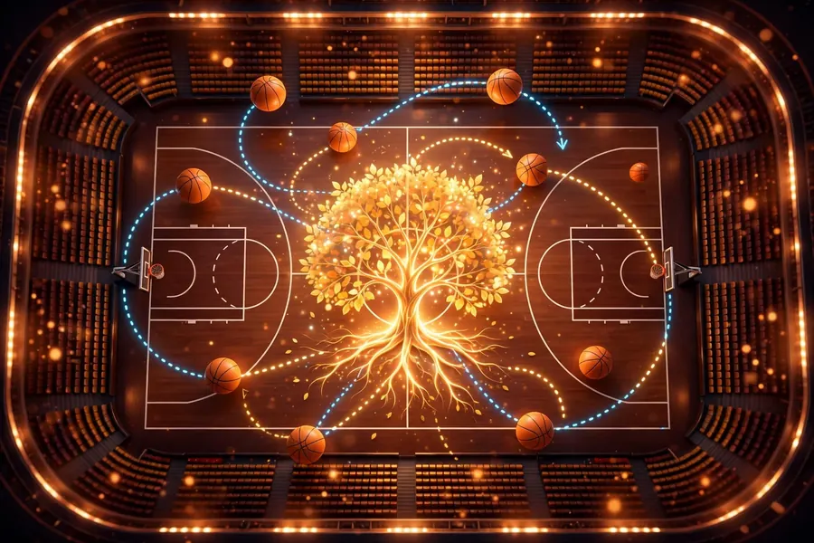 Glossy 3D render of a basketball court seen from above with a glowing family tree at center court and dotted play-diagram lines in warm arena glow
