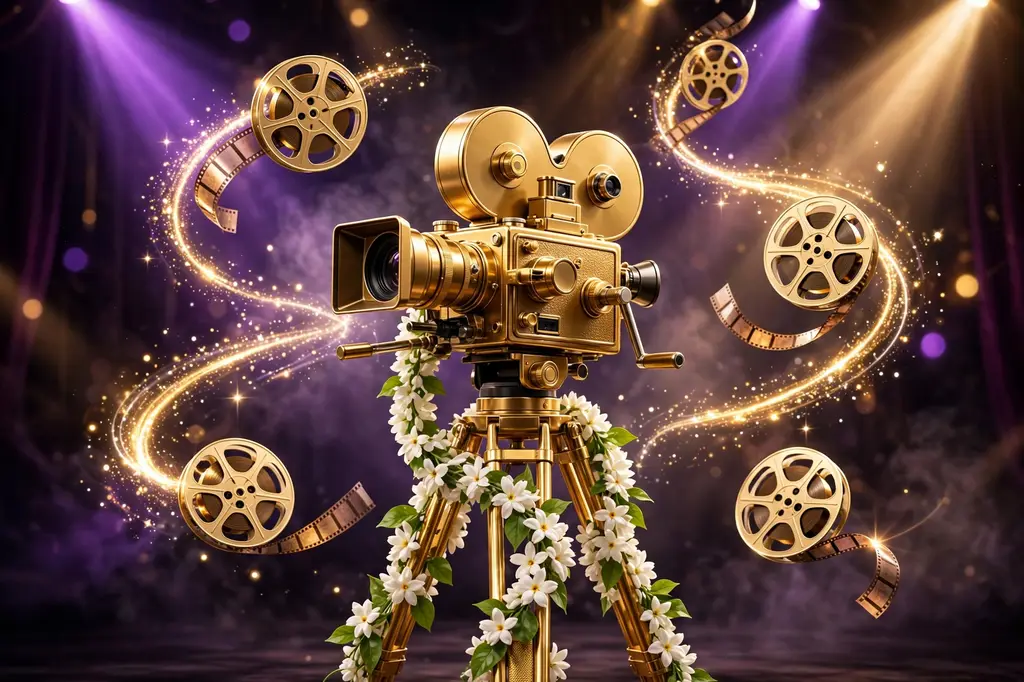 3D render of a vintage golden film camera wrapped in a white jasmine flower garland