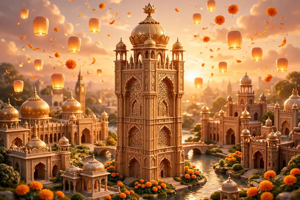 3D render of a fusion skyline blending London's Big Ben with Indian Mughal domes at sunset