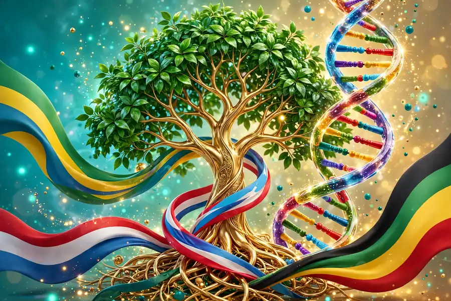 Vibrant 3D illustration of a golden family tree with a swirling DNA helix and ribbons in Brazilian, Puerto Rican, and African heritage colors, symbolizing Natalie Nunn's ancestry