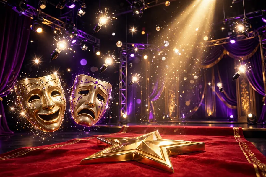 Glossy 3D render of a reality TV production set with a golden spotlight, theater masks, and a gold star on a red carpet under purple and gold stage lights