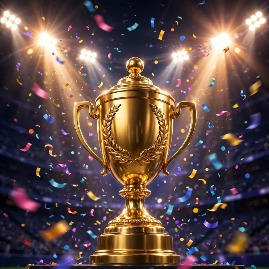 3D render of a golden championship trophy under stadium spotlights with colorful confetti swirling