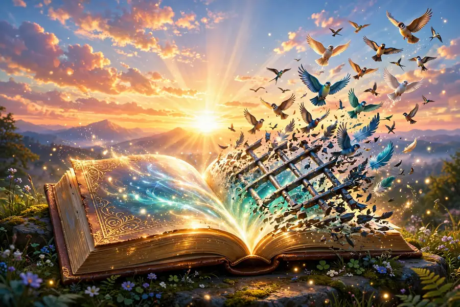 3D illustration of an open glowing book with prison bars dissolving into birds flying into a sunrise sky