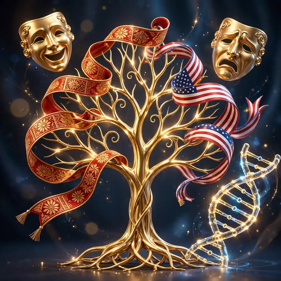 3D illustration of a golden family tree wrapped in red-gold Hispanic heritage ribbons and American flag-colored ribbons with theater masks and a DNA helix