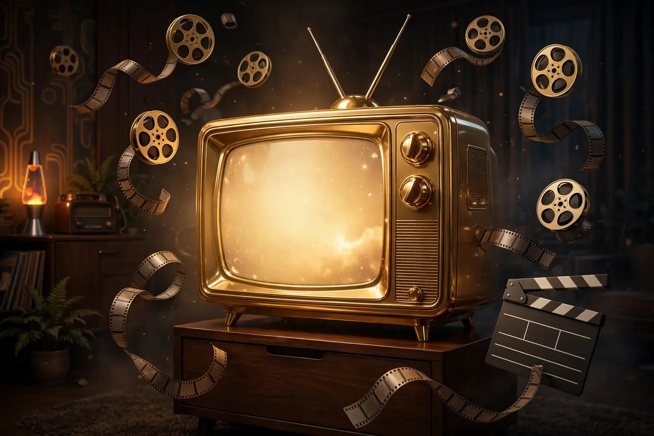 Glossy 3D render of a vintage golden television set glowing in a dark retro living room with floating film reels and a clapperboard