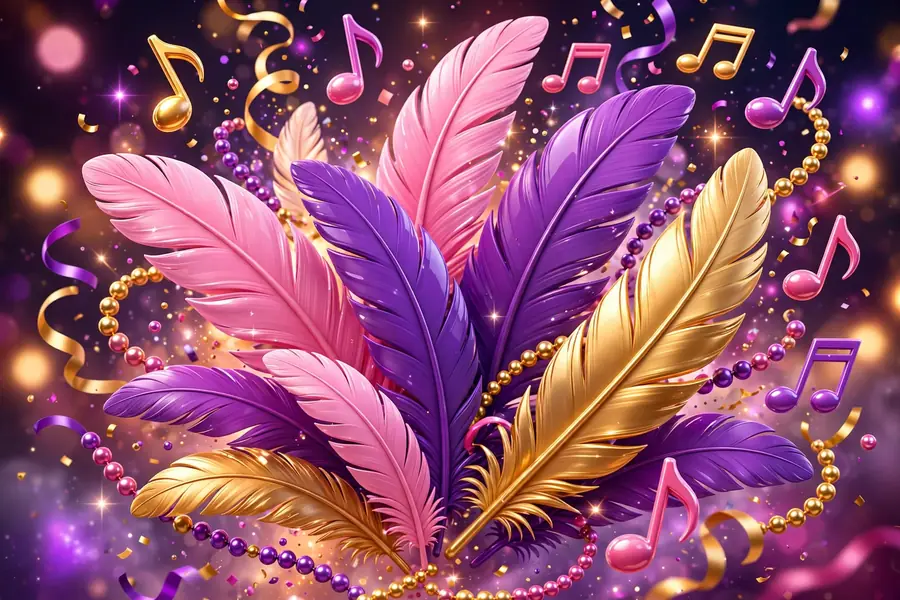 Glossy 3D render of Trinidad carnival feathers with musical notes in vibrant 3D
