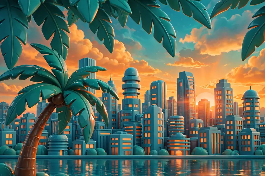 Glossy 3D render of the New York skyline with a palm tree, symbolizing Nicki Minaj's Trinidad-to-Queens journey