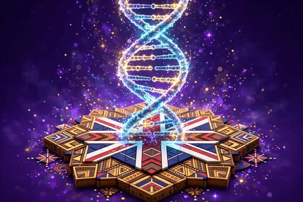 Vibrant 3D illustration of a glowing DNA helix above African tribal patterns fused with British-inspired geometric motifs on purple