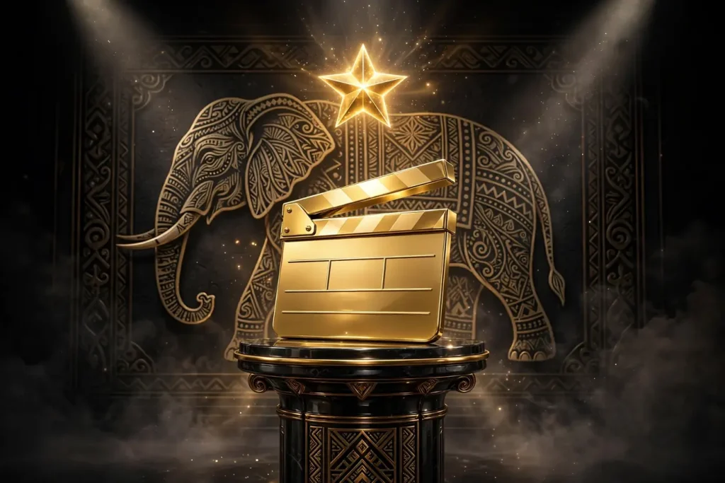 Eye-catching glossy 3D render of a golden film clapperboard with a glowing star and tribal-art elephant silhouette under cinematic spotlights