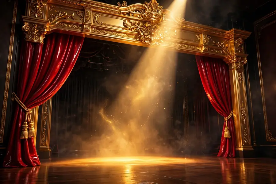 Glossy 3D render of a Broadway theater stage with a spotlight, symbolizing Nicole Scherzinger's stage career