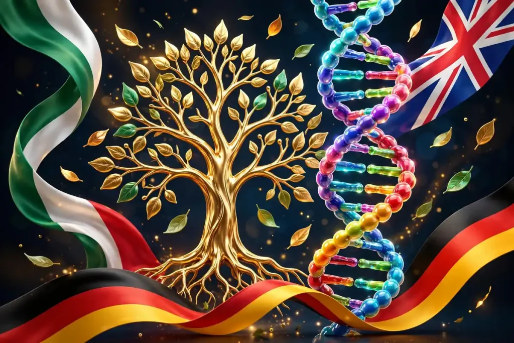 Glossy 3D render of a golden family tree with floating leaves, a colorful DNA helix, and ribbons in Mexican, British, and German flag colors symbolizing Nikki Rodriguez's mixed heritage