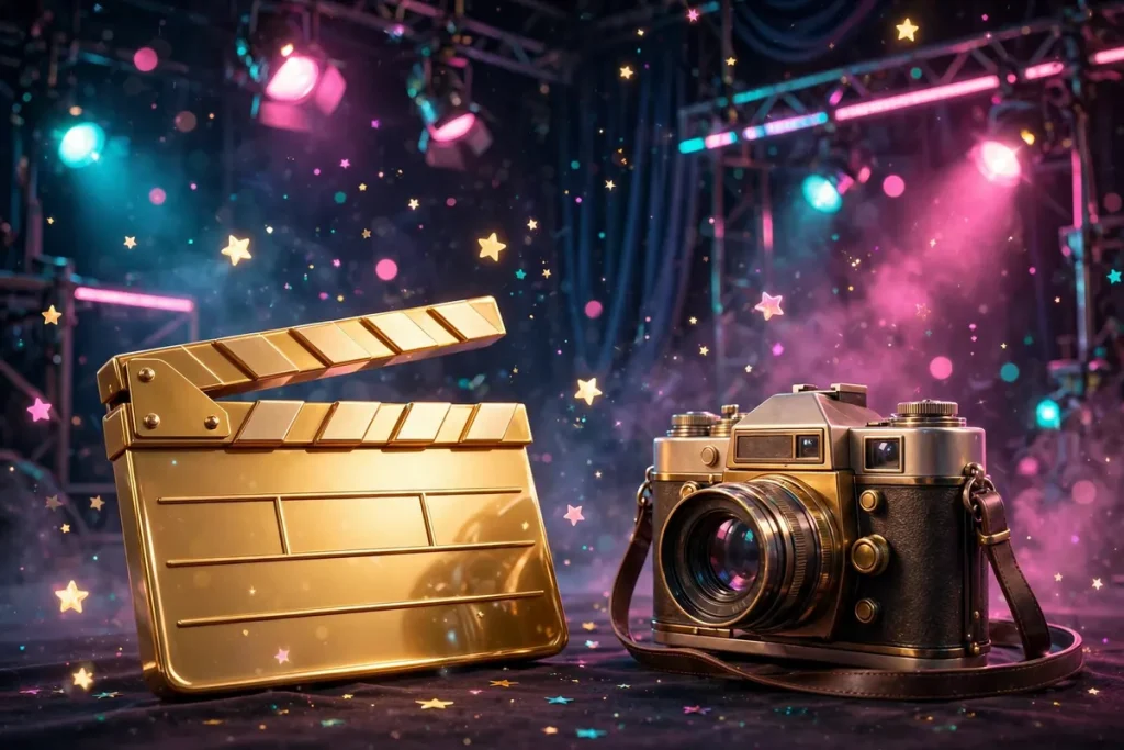 Glossy 3D render of a golden film clapperboard and a vintage camera on a teen drama movie set with pink and teal stage lights and floating stars