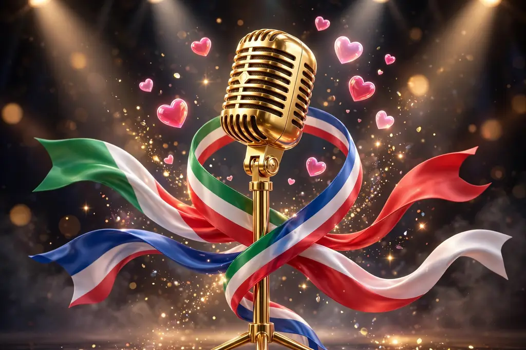 3D render of a golden vintage microphone wrapped in Italian and French flag-colored ribbons