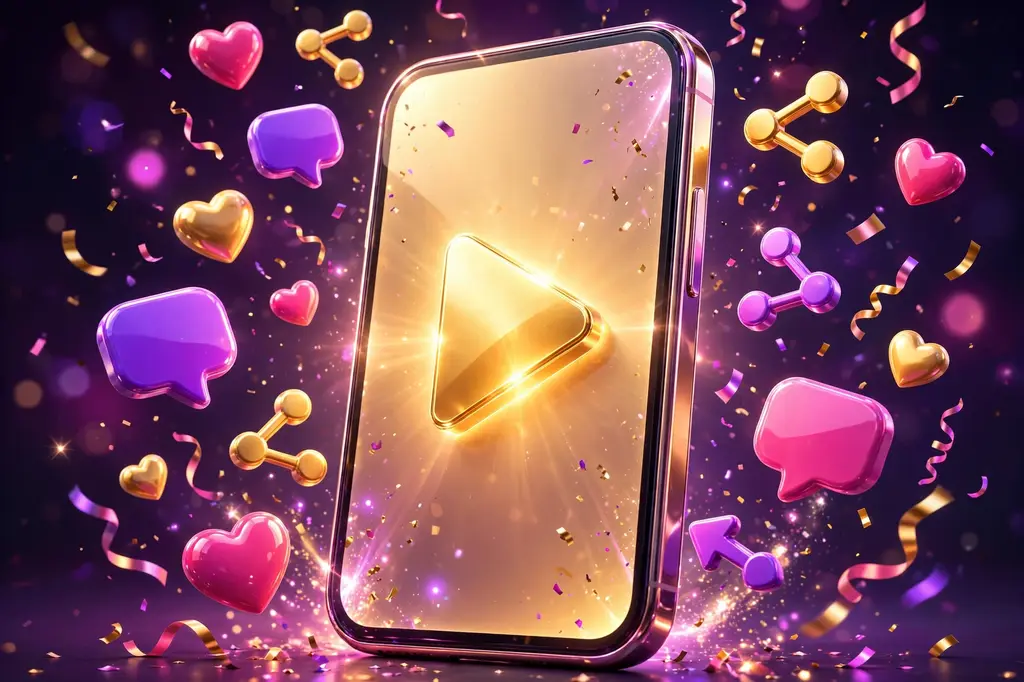 3D render of a giant smartphone with a glowing play button surrounded by social media icons