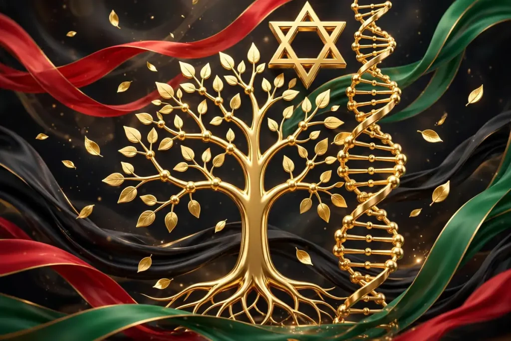 Glossy 3D render of a golden family tree with floating leaves and a DNA helix, surrounded by flowing Pan-African ribbons and a Star of David symbolizing Olu Evans's mixed heritage