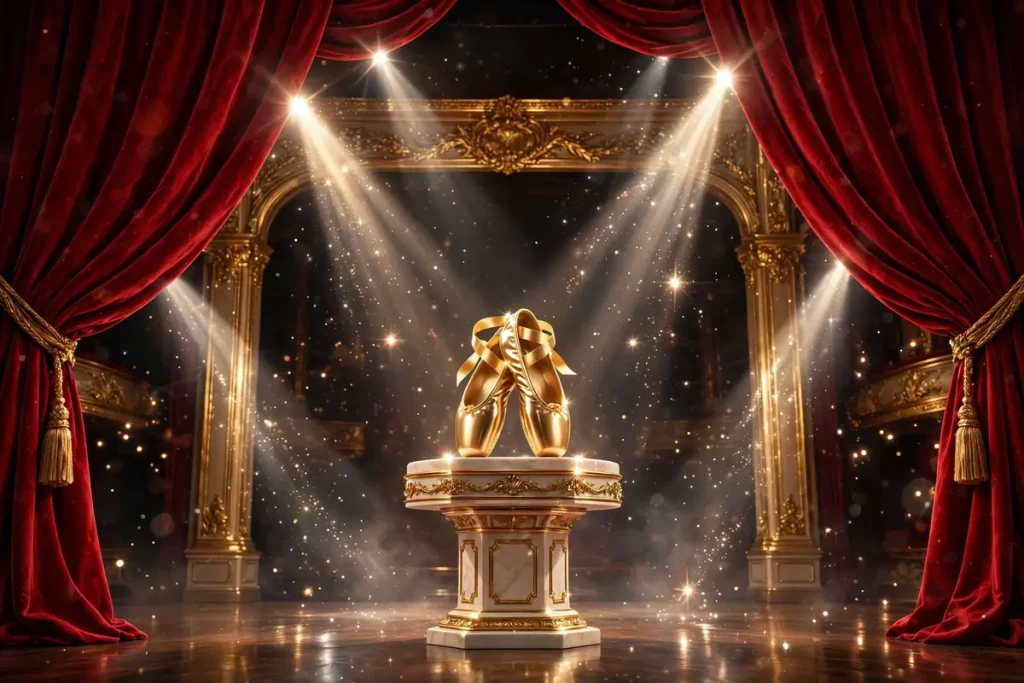 Glossy 3D render of a grand ballet stage with red velvet curtains, golden pointe shoes on a pedestal, and sparkling spotlight beams