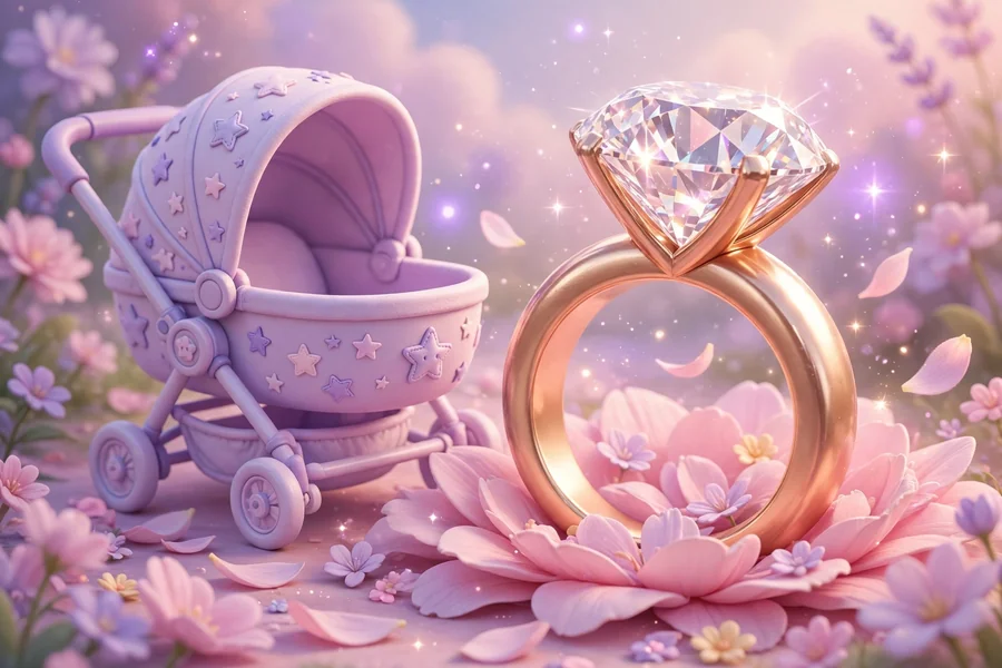3D render of a diamond engagement ring on flower petals beside a baby stroller