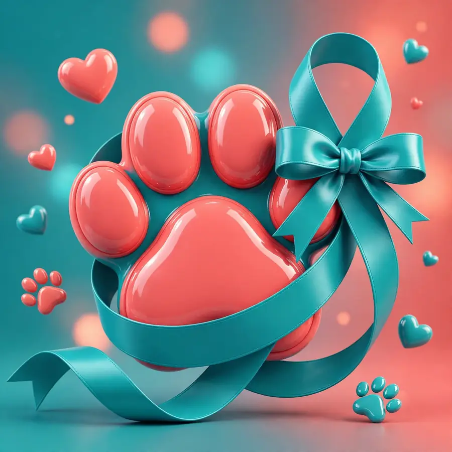 Glossy 3D render of a paw print with a charity ribbon in warm 3D colors