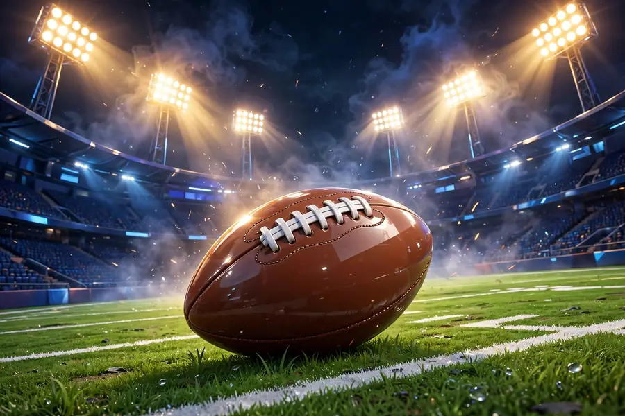 Glossy 3D render of an American football with stadium lights in vibrant 3D