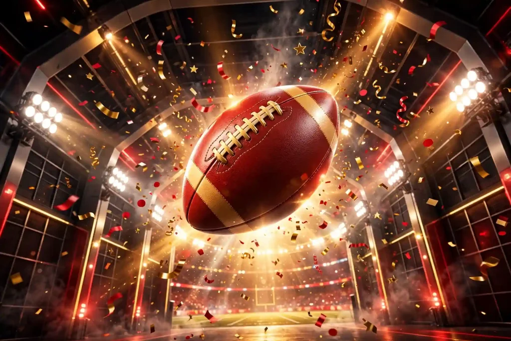 3D American football soaring through a glowing stadium tunnel with confetti