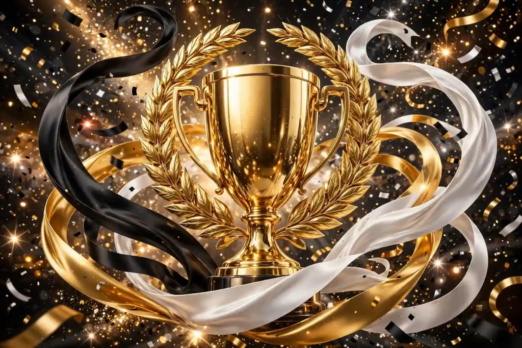 Golden 3D championship trophy with laurel wreath and swirling ribbons