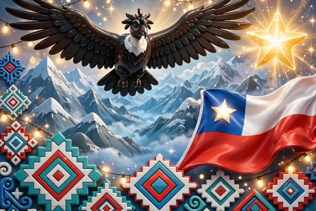 Vibrant 3D illustration of an Andean condor above snow-capped mountains with the Chilean flag and Mapuche-style geometric patterns, symbolizing Pedro Pascal's Chilean roots