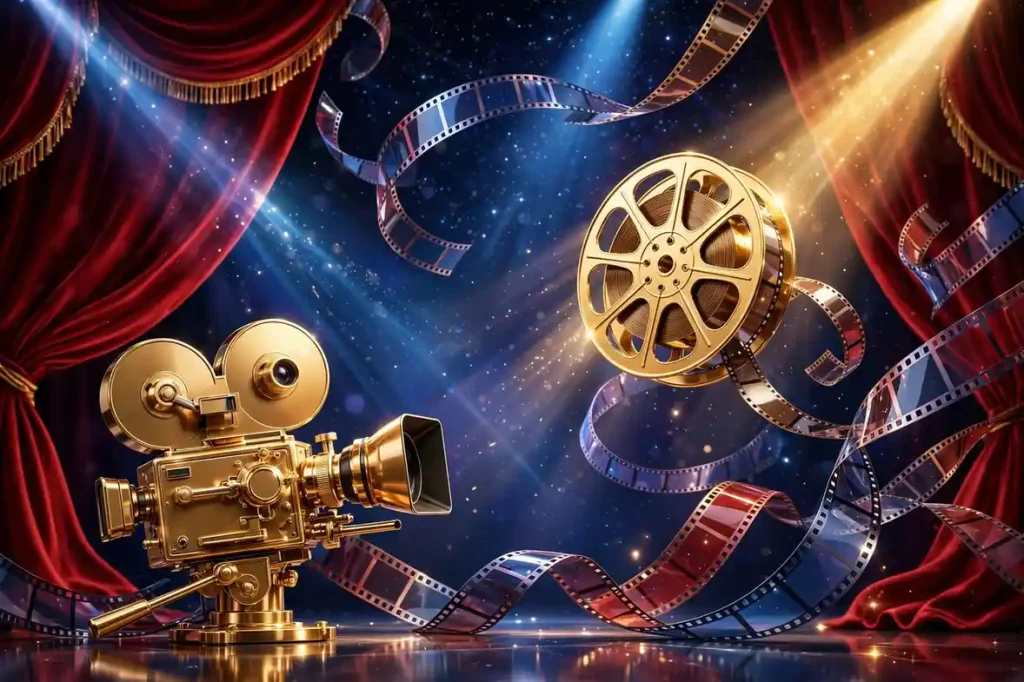 Glossy 3D golden film camera and film reel on a cinema stage with red curtains and spotlight beams, celebrating Pedro Pascal's Hollywood acting career