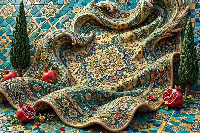 Glossy 3D illustration of an ornate Persian rug with floral medallion patterns, pomegranates, and cypress trees on mosaic tiles