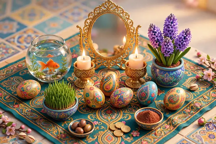 Glossy 3D illustration of a Nowruz Haft-Sin table with painted eggs, hyacinth flowers, a goldfish bowl, and candles