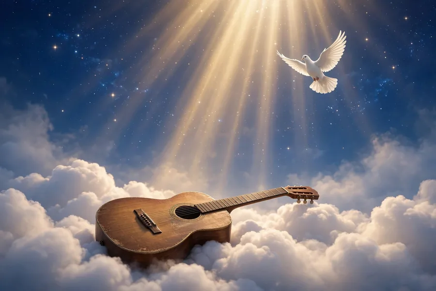 3D render of an acoustic guitar and a dove in the clouds for the Pope Francis and Bob Dylan story