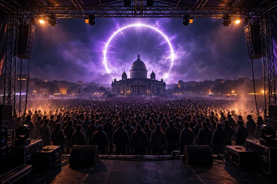 3D render of a nighttime concert crowd before a basilica dome, evoking Bob Dylan's 1997 papal performance