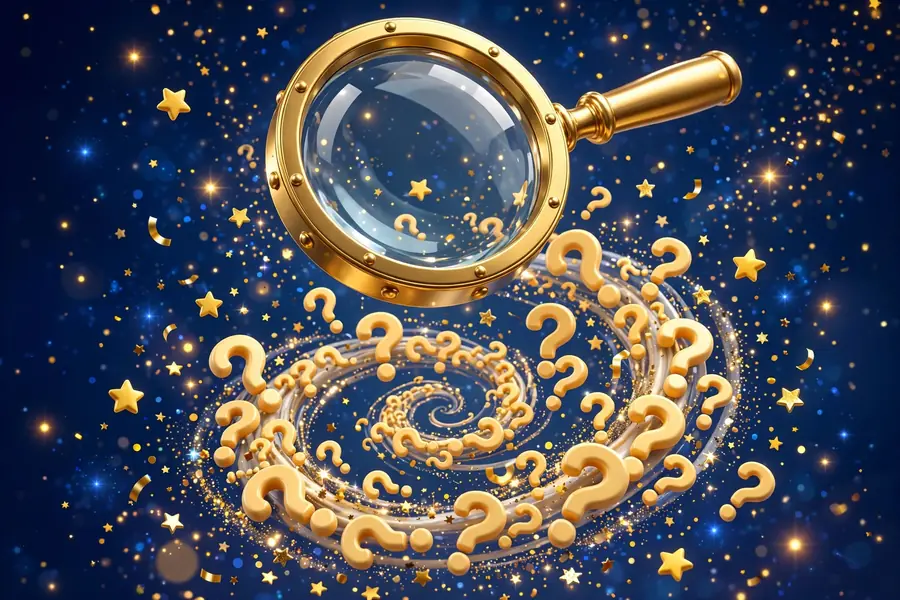 3D illustration of a magnifying glass hovering over question marks and golden sparkles on a deep blue background