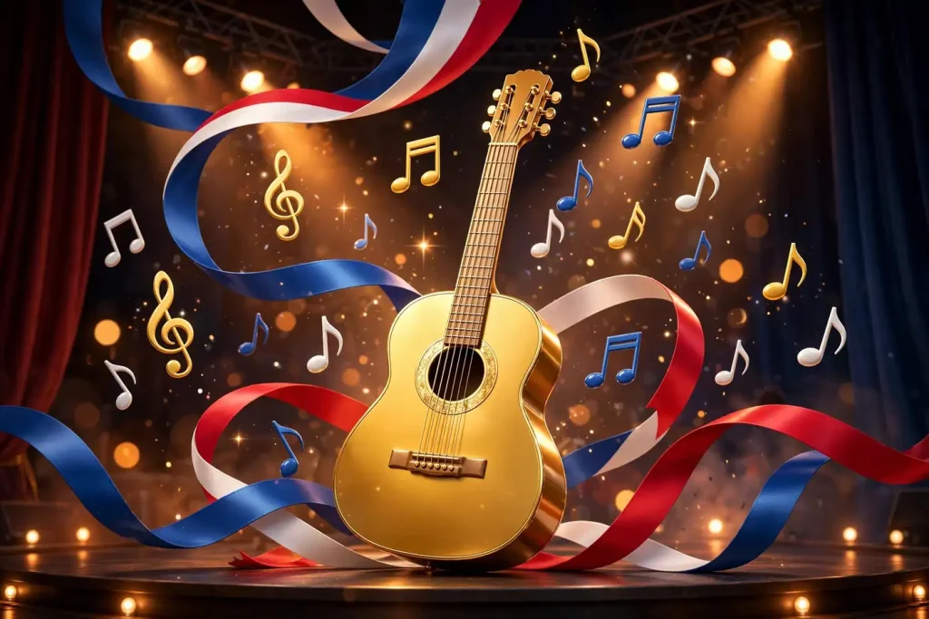 Vibrant 3D illustration of a golden acoustic guitar on a concert stage with floating musical notes and Dominican flag-colored ribbons