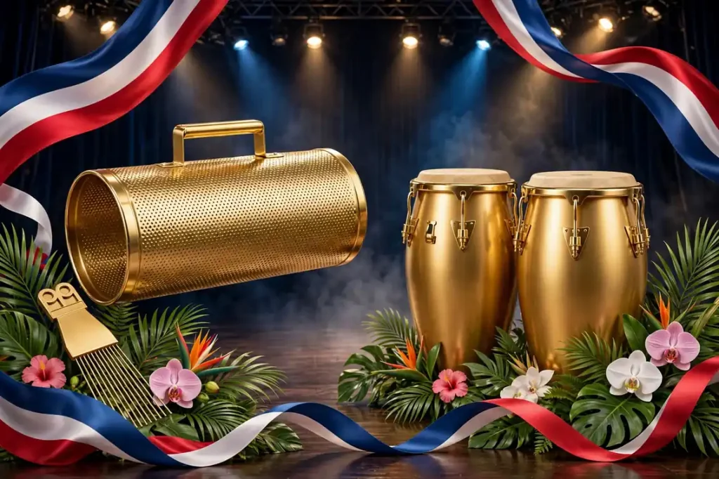 Eye-catching 3D render of golden guira and conga drums with tropical palm leaves and Dominican ribbons on a concert stage