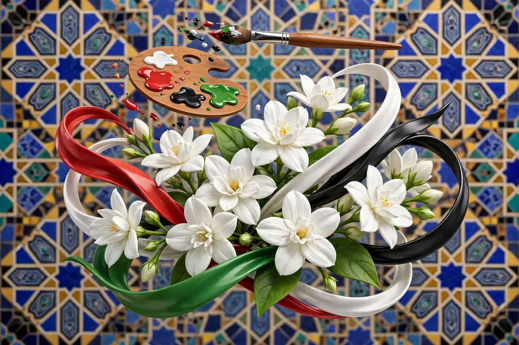 3D render of white jasmine flowers wrapped in glossy red, white, black and green ribbons with an artist's palette and paintbrush, symbolizing Syrian-American artist Rama Duwaji's heritage
