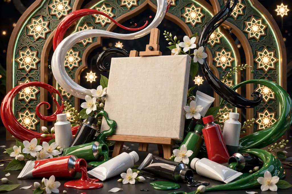 3D illustration of a blank artist canvas with paint tubes, jasmine blossoms and red white black green swirls against Damascus-style arches, reflecting Rama Duwaji's Syrian artistic roots