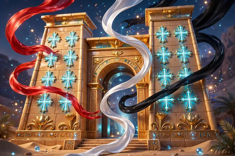 Vibrant 3D illustration of an ancient Egyptian temple gate with Coptic cross motifs and flowing Egyptian flag ribbons symbolizing Rami Malek's Coptic roots